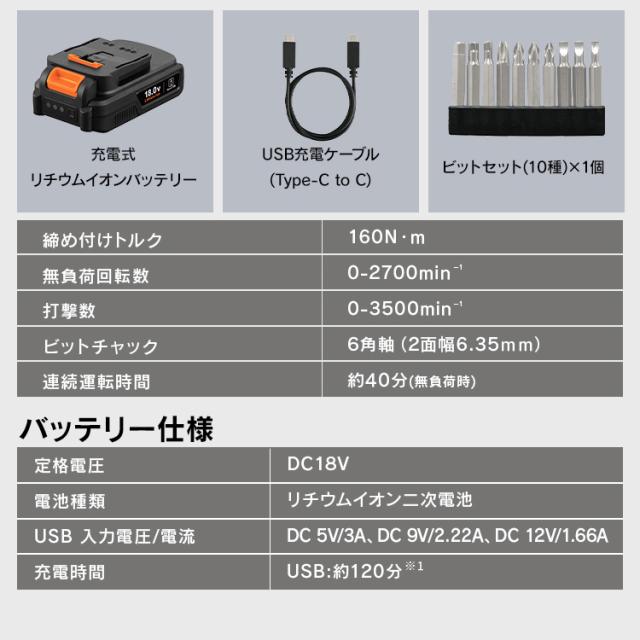 【Type-C充電＆バッテリー共用できる】インパクトドライバー 小型 充電式 アイリスオーヤマ 18V 軽量 ライト付き 電動ドライバー ビットセット コードレス 電動工具 DIY 組立 JID160TC *_13