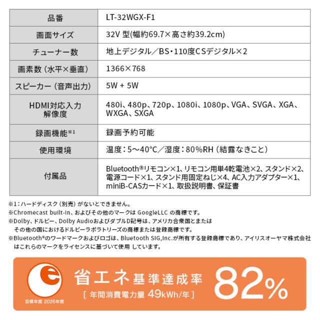 テレビ 32v 型 液晶テレビ 本体 新品 スマートテレビ ネット対応 GoogleTV チューナー内蔵 HD ハイビジョン Wチューナー 裏番組録画 音声検索 セカンドテレビ 2台目 tv 一人暮らし 32 アイリスオーヤマ LT-32WGX-F1 *_12