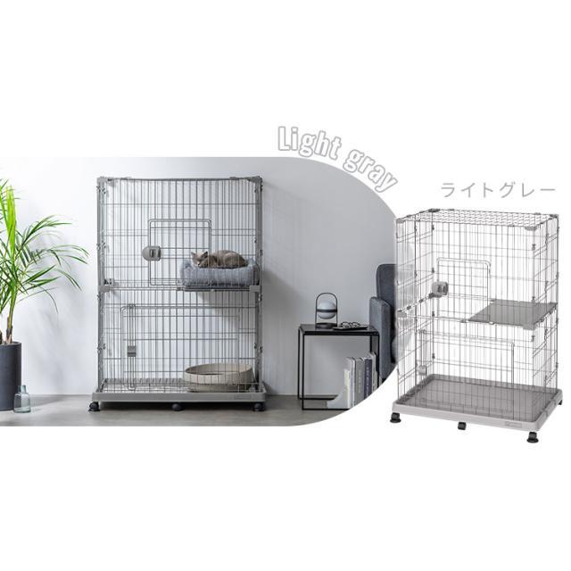 キャットケージ　キャットゲージ　ペットケージ　ワイド　猫用品　グレー 猫 ケージ 2段 アイリスオーヤマ ワイド ゆったり設計 キャスター付 扉
