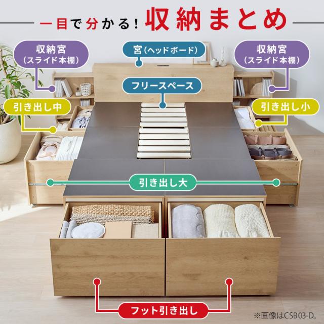 ＼組立設置サービス込み／ベッド セミダブル 収納 大容量 超収納 引出し 5個 棚 2口コンセント付 スライド本棚 布団 洋服 小物収納 ベット フレーム ヘッドボード 宮付き ハイタイプ 新生活 超収納ベッド アイリスオーヤマ CSB03-SD * (HS)_4