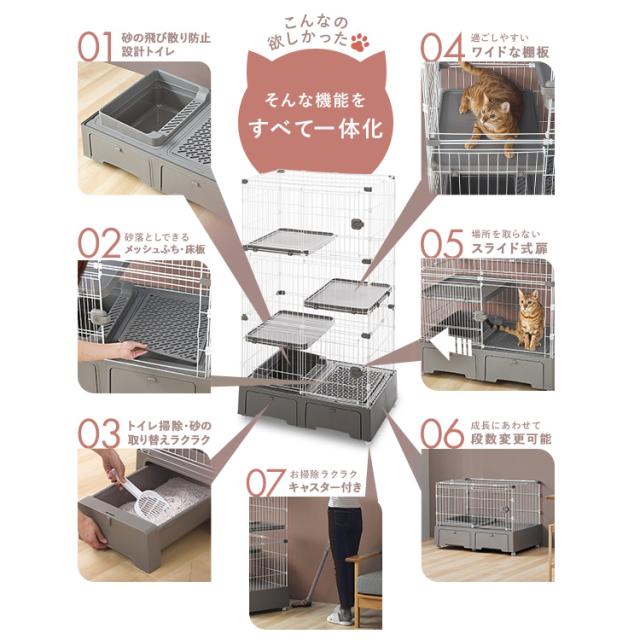 ま*ぴ様 トイレ一体型キャットケージ 3段 グレー ペットケージ 猫ケージ 猫トイレ付 トイレ一体型キャットケージ3