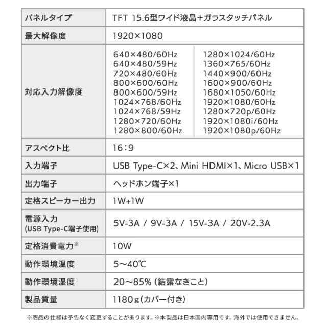 ポータブルモニター 15.6インチ タッチ有り DP-BF162U-B ブラック モバイルモニター モバイルディスプレイ 15.6インチ タッチ機能 モニタ