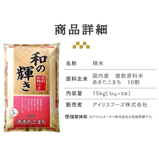 白米 15kg 和の輝き 銘柄米 コシヒカリ ひとめぼれ つや姫 あきたこまち ゆめぴりか 5kg 3袋 密封新鮮パック 米 お米 低温製法米 アイリスオーヤマ 令和7年産_6