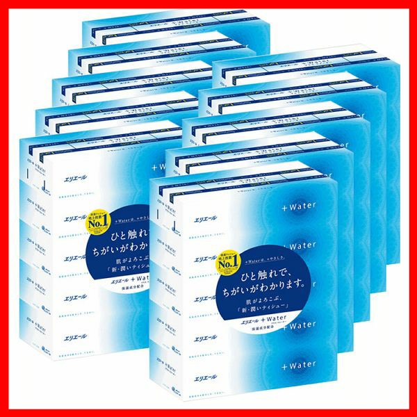 [10個セット] エリエール ティッシュ プラスウォーター(+Water) 180組×50箱（5箱×10パック） パルプ100% [ケース販売] 大王製紙 大王製紙 ティッシュペーパー うるおい 肌にやさしい しっとり なめらか 風邪 花粉 日用品 ティシュー 送料無料