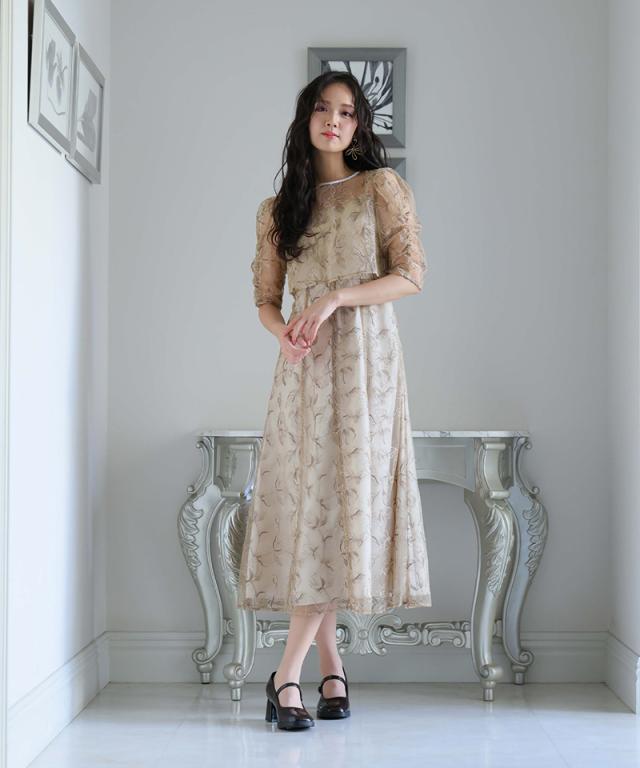 196241920 トップス 花柄刺繍 ワンピース パーティードレス 体型カバー