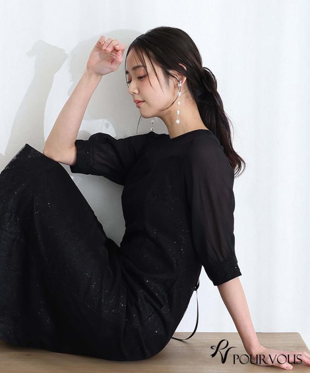 スパンコール カフスボタン パーティードレス 体型カバー ワンピース 結婚式 オケージョン 大きいサイズ 小柄 ドレス フォーマル フォーマルドレス 小さいサイズ お呼ばれ 上品 20代_4