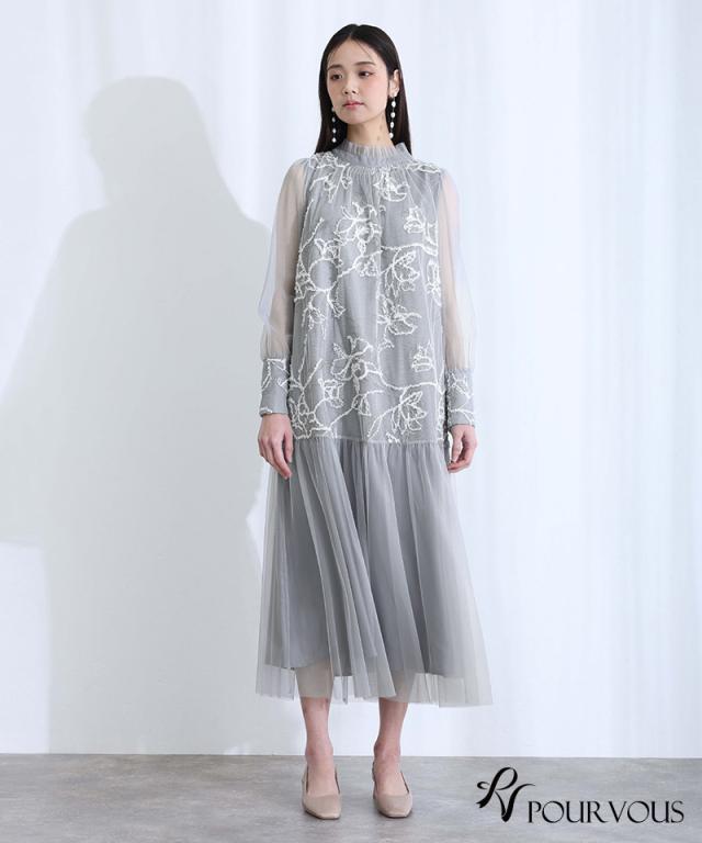 ブラック ふわふわ パーティー イブニングドレス 体型カバー ドレスプラス DRESS+ パーティードレス ワンピース 体型カバー