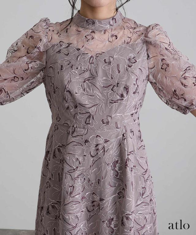 308251279 刺繍レース パフスリーブ ワンピース パーティードレス