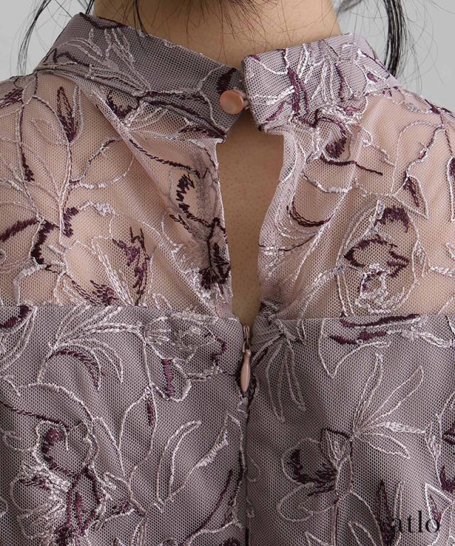 308251279 刺繍レース パフスリーブ ワンピース パーティードレス