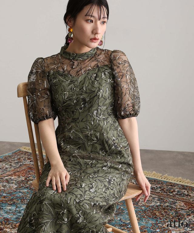 308251279 刺繍レース パフスリーブ ワンピース パーティードレス