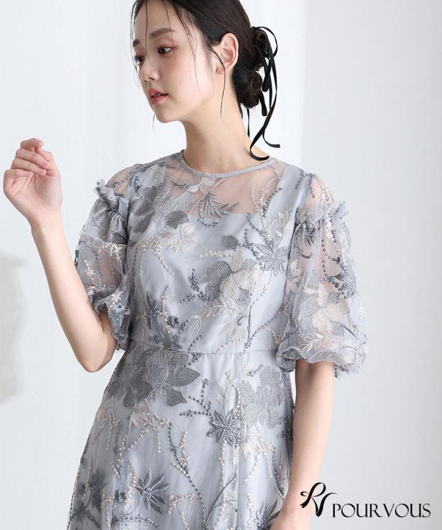 397251420 刺繍レース パフスリーブ ワンピース パーティードレス 体型