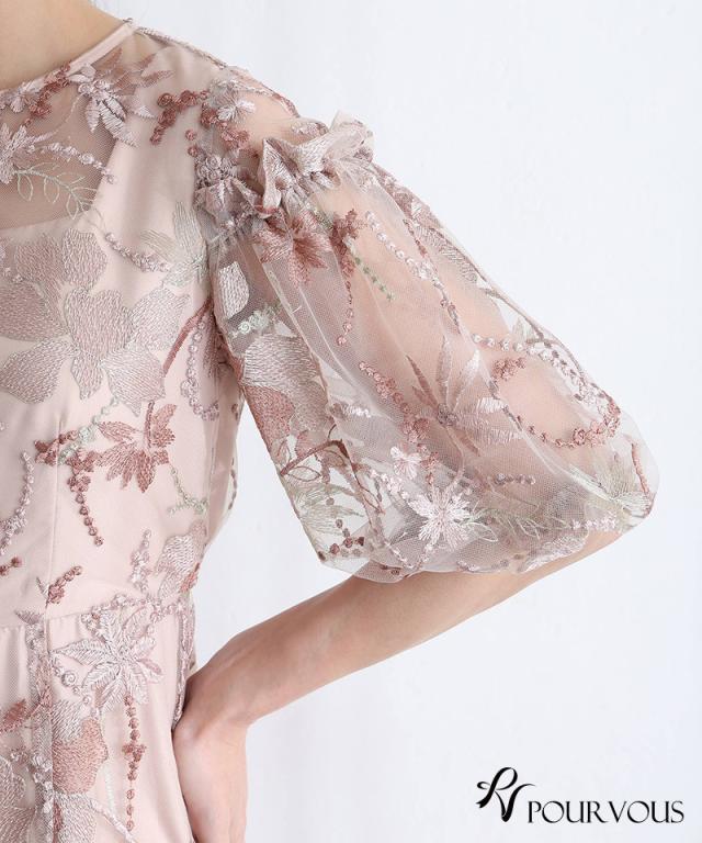 397251420 刺繍レース パフスリーブ ワンピース パーティードレス 体型