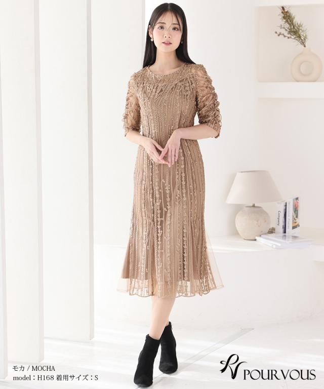 体型カバー フォーマルドレス ワンピース 結婚式 大きいサイズ 小さいサイズ 小柄 パーティードレス 韓国 20代 30代 40代 50代 ドレス フォーマル 上品 お呼ばれ 顔合わせ 春 夏 秋 冬 ミセス 低身長 着痩せ 150cm おしゃれ 即日発送 袖あり ミモレ丈 刺繍レース_3