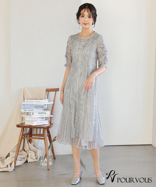 体型カバー フォーマルドレス ワンピース 結婚式 大きいサイズ 小さいサイズ 小柄 パーティードレス 韓国 20代 30代 40代 50代 ドレス フォーマル 上品 お呼ばれ 顔合わせ 春 夏 秋 冬 ミセス 低身長 着痩せ 150cm おしゃれ 即日発送 袖あり ミモレ丈 刺繍レース_4
