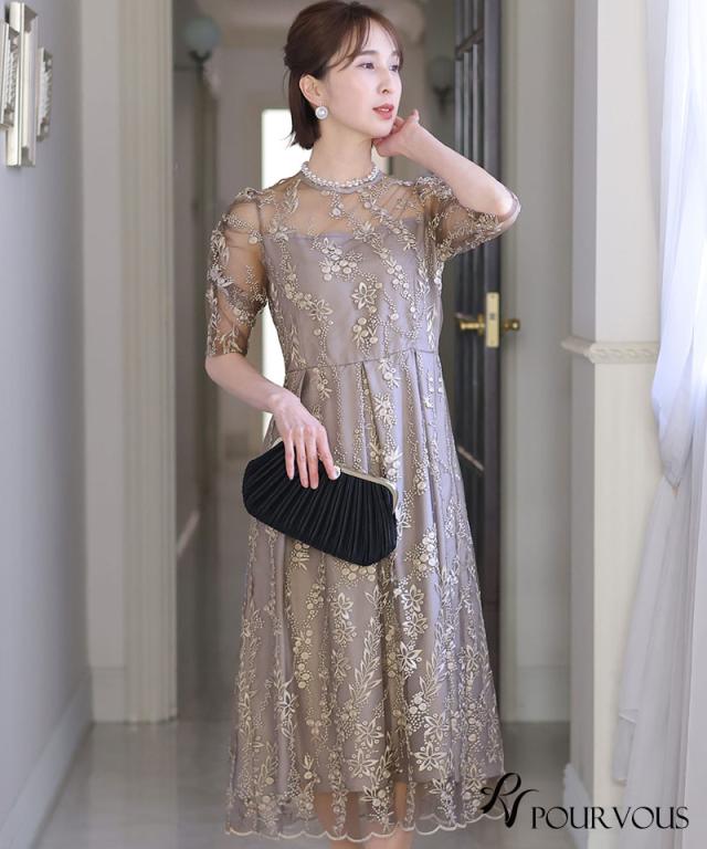 結婚式 ワンピース パーティードレス フォーマルドレス お呼ばれ ドレス フォーマル 服 服装 ミセス 他と被らない 大人 上品 20代30代40代 大きいサイズ 春 夏 秋 冬 パーティドレス パーティー 母 通販 着痩せ 袖あり 袖付き レース バックリボン 刺繍_9