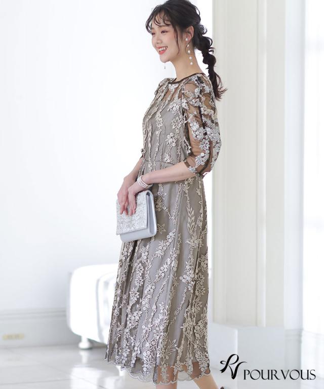 結婚式 ワンピース パーティードレス フォーマルドレス お呼ばれ ドレス フォーマル 服 服装 ミセス 他と被らない 大人 上品 20代30代40代 大きいサイズ 春 夏 秋 冬 パーティドレス パーティー 母 通販 着痩せ 袖あり 袖付き レース バックリボン 刺繍_6