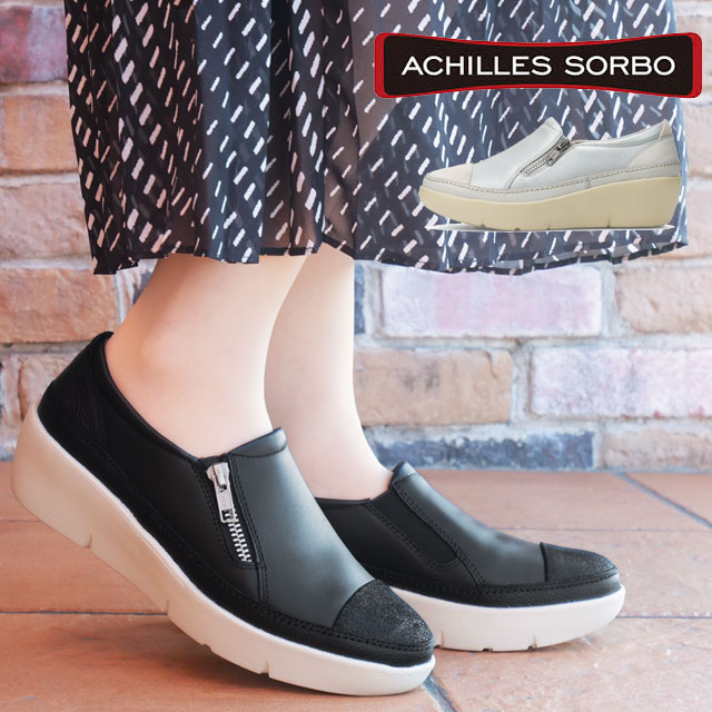送料無料 ウォーキングシューズ コンフォート スリッポン レディース AW 秋冬 新作 秋新作 冬新作 人気 流行 定番 2025 アキレス Achilles H 620 ソルボ 履きやすい 厚底靴 レザースニーカー 歩きやすい ウエッジソール 4.7cmヒール 美脚 本革 ファスナー付き ブラック