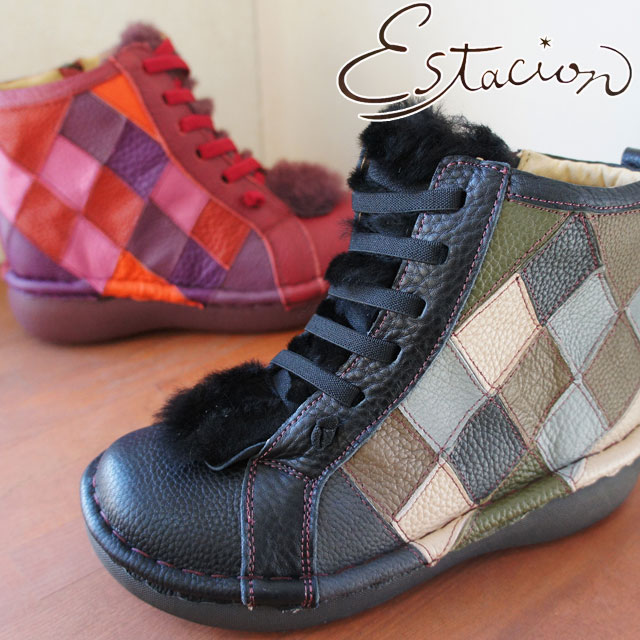 送料無料 レディース ショートブーツ エスタシオン Estacion MSE91 本革 レザー ファー付き