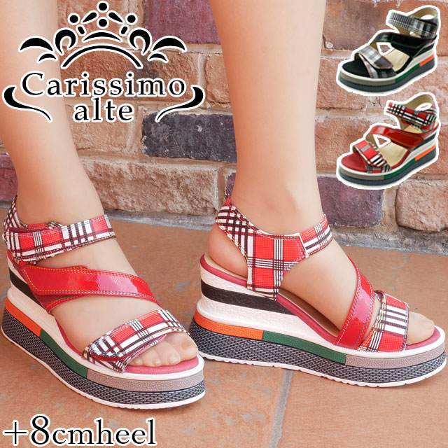 送料無料 レディース ウェッジソール サンダル カリシモアルテ Carissimo alte 10799-2 厚底 本革 サンダル スポーティ ベルクロ 赤 レッド 黒 ブラック チェック柄