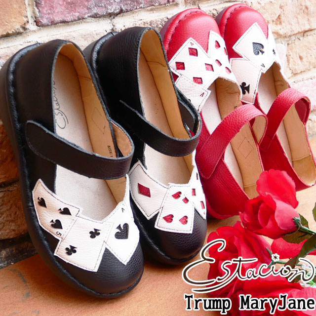 送料無料 レディース コンフォート パンプス エスタシオン Estacion 2019 FW ストラップ 革靴 メリージェーン ストラップシューズ トランプ フラット ローヒール 歩きやすい 疲れない 黒 ブラック 赤 レッド アシンメトリー ベルクロ 本革 レザー カジュアル