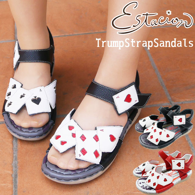 送料無料 レディース コンフォート エスタシオン Estacion MSX125 厚底サンダル 靴 トランプ柄 黒 赤 歩きやすい ベルクロ ヒール約4cm MSX125