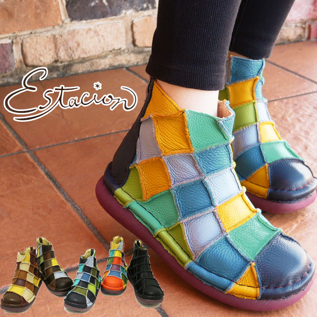 送料無料 レディース ショートブーツ 人気 流行 Estacion TGX145-1 本革 レザー パッチワーク カジュアルシューズ バックファスナー 靴 コンフォートシューズ ネイビー/マルチ