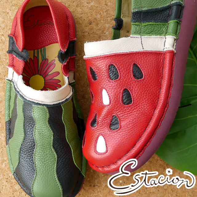 送料無料 レディース 2021 夏 新作 夏新作 サマー SS スリッポン ローカット 人気 流行 定番 Estacion TG330 カジュアルシューズ コンフォートシューズ すいかモチーフ 本革 靴 レッド/グリーン
