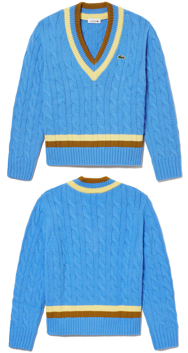 送料無料 レディース FW 秋冬 新作 2022 秋新作 冬新作 トップス 人気 流行 定番 LACOSTE AF9186L セーター レスポンシブウールブレンドチルデンニットセーター ニット Vネック ざっくり編み 縄編み ライン アパレル 服 ウェア カジュアル 水色 防寒 ロゴ 厚手の通販は