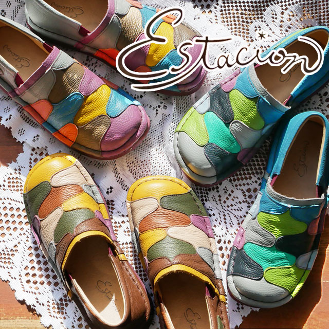 送料無料 レディース SS 春夏 新作 春新作 夏新作 スリッポン 人気 流行 定番 2023 Estacion TGE477 カラフルウェーブデザイン レザーシューズ 本革 カジュアルシューズ コンフォートシューズ ブラウン/マルチ ブルー/マルチ グレー/マルチ 靴の通販は