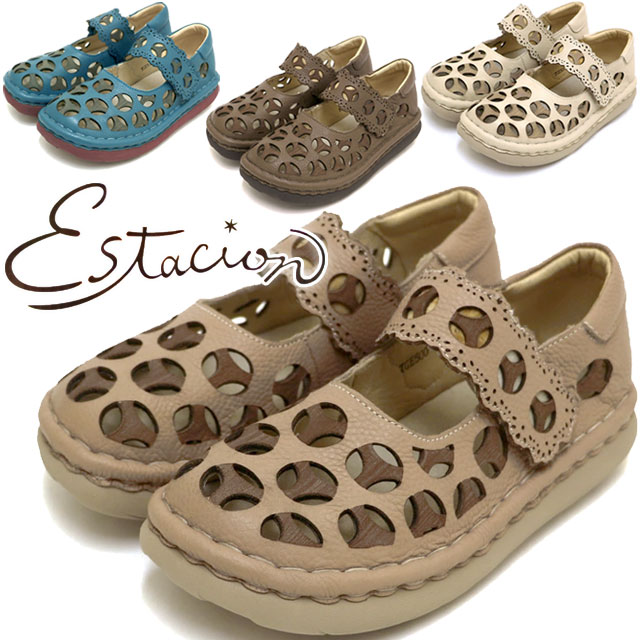 送料無料 ストラップパンプス レディース SS 春夏 新作 春新作 夏新作 人気 流行 定番 2023 Estacion TGE500 エスタシオン 靴 パンチングデザイン メリージェーン ベルクロ カジュアルシューズ コンフォートシューズ オーク アイボリー ダークオーク ブルー 本革の通販は