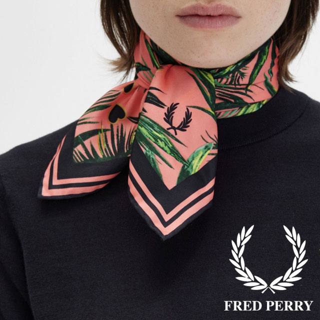メール便送料無料 スカーフ パームプリントスカーフ レディース FW 秋冬 新作 秋新作 冬新作 人気 流行 定番 2023 FRED PERRY NW5506  総柄 カラフル ヤシの木 トロピカル きれいめ カジュアル ロゴ 月桂樹 ローレル ハート エイミー・ワインハウス財団 コーラルピンク