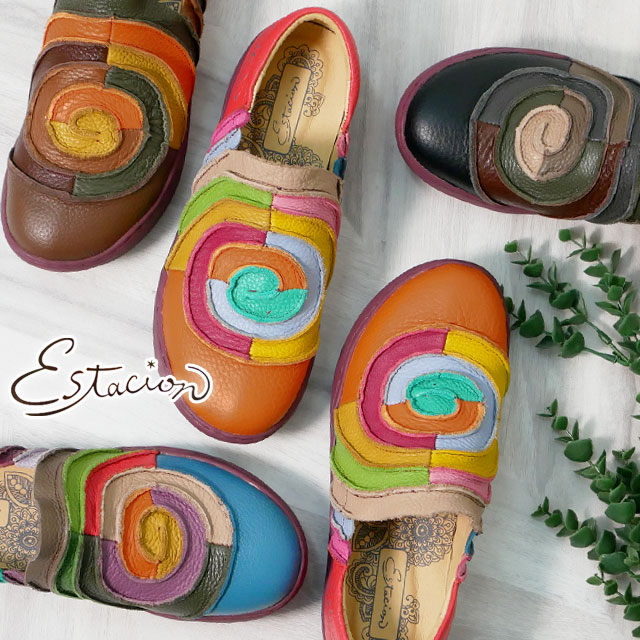 送料無料 スリッポン ローカット レディース FW 秋冬 新作 秋新作 冬新作 人気 流行 定番 2023 Estacion MLH2144 エスタシオン カラフル 渦巻き コンフォートシューズ 本革 ぐるぐる レザーシューズ カジュアルシューズ  靴