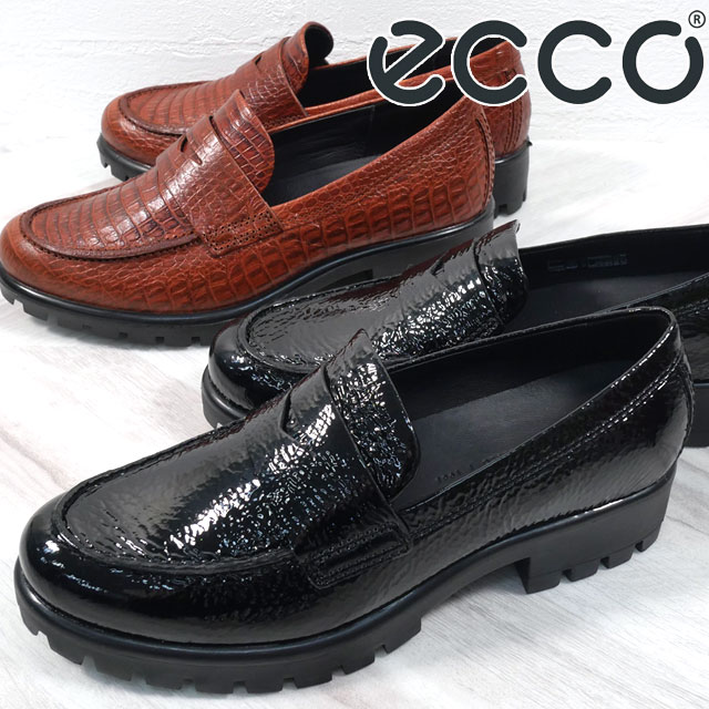 送料無料 スリッポン ローファー レディース FW 秋冬 新作 秋新作 冬新作 人気 流行 定番 2023 ecco 490013 04001 11053 エコー モッドトレイ モック トゥ ペニー レザーシューズ 型押し 本革 ブラック コニャック 靴