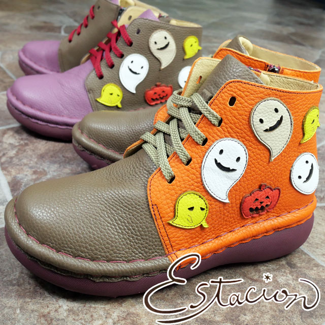 送料無料 ショートブーツ レディース FW 秋冬 新作 秋新作 冬新作 人気 流行 定番 2023 Estacion MSE195 エスタシオン ハロウィン おばけモチーフ ショート丈 厚底 コンフォートシューズ パープル/コンビ ダークグレー/コンビ 靴