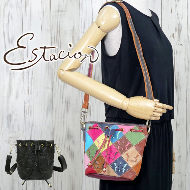 送料無料 ショルダーバッグ レディース FW 秋冬 新作 秋新作 冬新作 人気 流行 定番 2023 Estacion 1309 エスタシオン 本革 マルチ ブラック カバン 鞄 レザー エスニック 蝶々 バタフライ 斜めがけ 肩掛け 巾着 カラフル 手作り