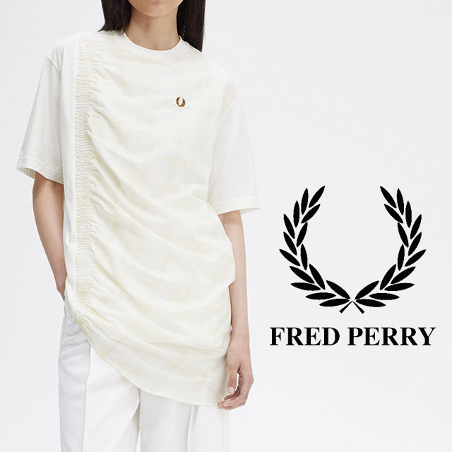 メール便送料無料 Tシャツ 半袖 レディース SS 春夏 新作 春新作 夏新作 人気 流行 定番 2024 G7157 タータン オーバレイ ティーシャツ トップス チュニック デザイン カジュアル アシンメトリー チェック 月桂樹 ローレル 刺繍 綿100％ 白 クリーム色