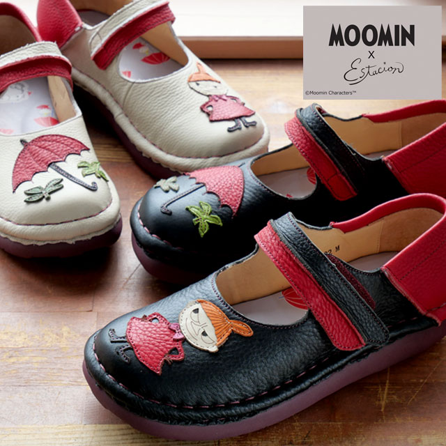 送料無料 ストラップパンプス レディース SS 春夏 新作 春新作 夏新作 人気 流行 定番 2024 Estacion TGE592 ムーミン コラボ 厚底 靴 リトルミイ 本革 歩きやすい カジュアルシューズ 痛くない コンフォートシューズ 黒 メリージェーン ベルクロ ワイズ4E キャラクター