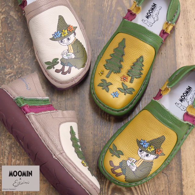 送料無料 スリッポン レディース FW 秋冬 新作 秋新作 冬新作 人気 流行 定番 2024 2025 エスタシオン Estacion TGE609 ムーミン スナフキン コラボ 疲れない 痛くない コンフォートシューズ 本革 グリーン/イエロー オーク/アイボリー 履きやすい レザーシューズ 靴