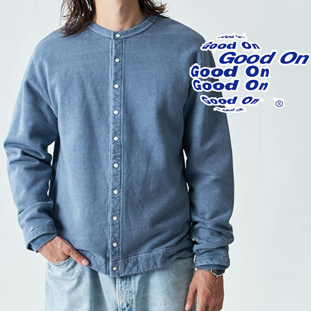 送料無料 トレーナー 長袖 メンズ レディース ユニセックス FW 秋冬 新作 秋新作 冬新作 人気 流行 定番 2024 2025 グッドオン GOOD ON GOBW1711 クルースウェットカーディガン トップス スナップボタン 羽織り カットソー コットン 青 水色 起毛 ウェア アパレル 服 日本製