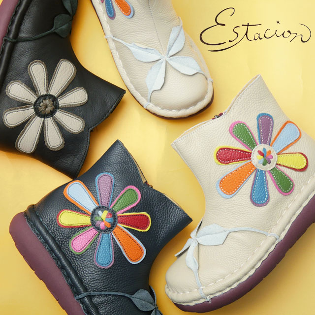 送料無料 ショートブーツ レディース FW 秋冬 新作 秋新作 冬新作 人気 流行 定番 2025 エスタシオン Estacion TGE612 疲れない カラフルフラワー本革ブーツ 歩きやすい コンフォートシューズ 痛くない レザーブーツ サイドファスナー付き 黒 靴