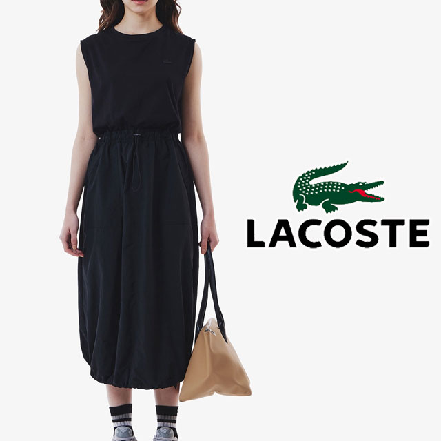 送料無料 ワンピース レディース SS 春夏 新作 夏新作 秋新作 人気 流行 定番 2025 ラコステ LACOSTE EF017J コンビネーションノースリーブドレス アパレル ウェア 袖無し 膝下丈 ブラック 黒 服 ワニ 鰐