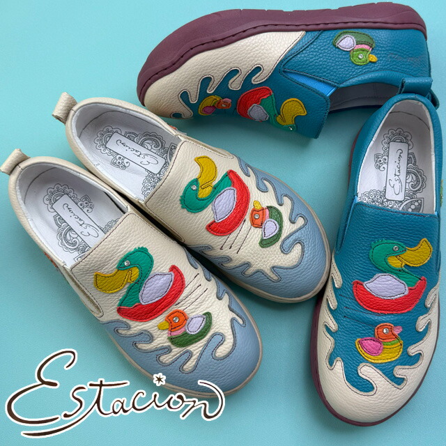 送料無料 スリッポン レディース SS 春夏 新作 夏新作 秋新作 人気 流行 定番 2025 エスタシオン Estacion MLH2120 疲れない 痛くない あひるモチーフ ローヒール 本革 歩きやすい ブルー アイボリー 婦人靴