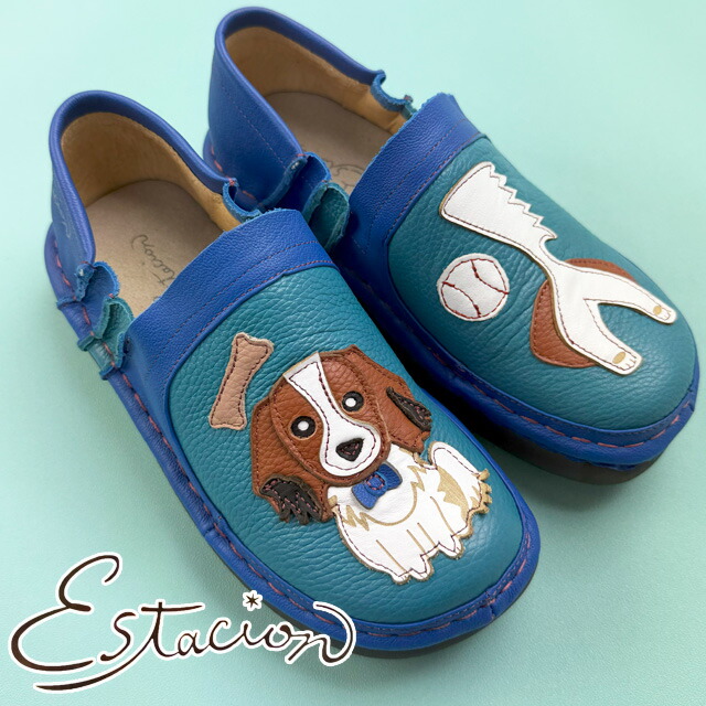 送料無料 スリッポン レディース SS 春夏 新作 夏新作 秋新作 人気 流行 定番 2025 エスタシオン Estacion TGE241-1 疲れない ワンちゃんモチーフ 本革 履きやすい 痛くない ブルー/コンビ 歩きやすい 靴