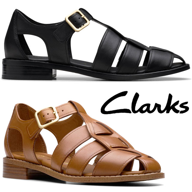 送料無料 サンダル フラットシューズ レディース SS 春夏 新作 夏新作 秋新作 人気 流行 定番 2025 クラークス Clarks 26181215 26181218 歩きやすい グルカサンダル ペタンコ底 フィッシャーマン 本革 靴 ローヒール ブラック タン ハナサン