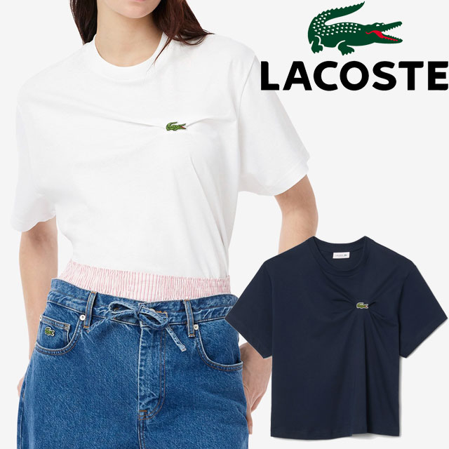 メール便送料無料 Tシャツ 半袖 レディース SS 春夏 新作 夏新作 秋新作 人気 流行 定番 2025 ラコステ LACOSTE TF9595 ワニロゴプリーツオーバーサイズフィットティーシャツ 丸首 ロゴ 刺繍 ワッペン ワンポイント キレイめ シンプル ワニ 鰐 紺 白