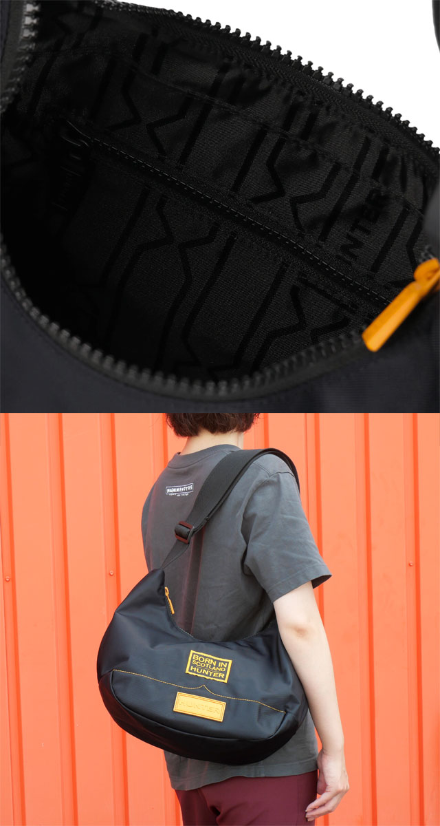 送料無料 ショルダーバッグ メンズ レディース AW 秋冬 新作 秋新作 冬新作 人気 流行 定番 2025 ハンター HUNTER 6.53L 2WAY BAG UBS5555KBM ナイロン ミディ ホーボー ボーン イン スコットランド 斜め掛け 三日月型 クロスボディバッグ 肩掛け 半月型 黒 耐水 鞄