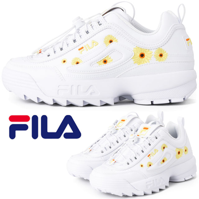 送料無料 スニーカー ローカット レディース AW 秋冬 新作 秋新作 冬新作 人気 流行 定番 2025 フィラ FILA 2 WFW25077 100 evidr ディスラプター アジャスト ガーベラ 脱ぎ履きしやすい ダッドスニーカー チャンキーソール カジュアルシューズ 花柄 白 靴
