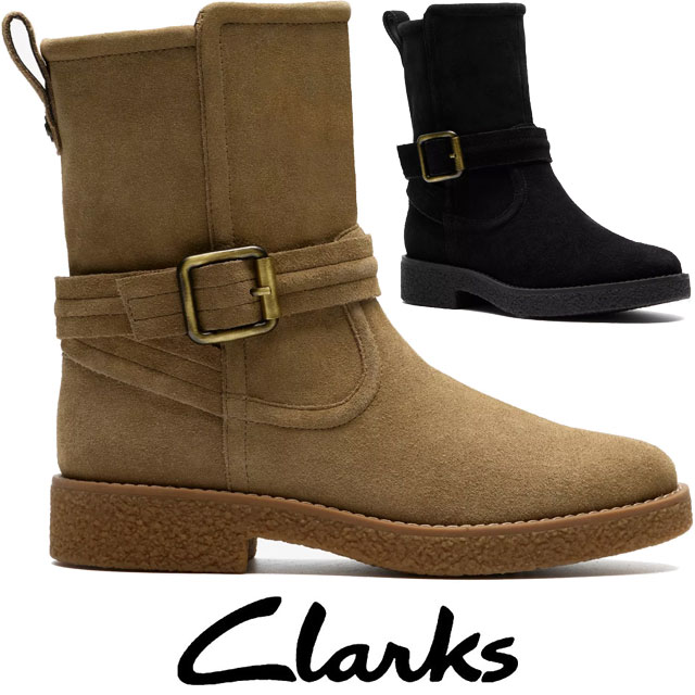 送料無料 ブーツ レディース AW 秋冬 新作 秋新作 冬新作 人気 流行 定番 2025 クラークス Clarks 26182890 26182891 ネラ ミッド ハーフブーツ 本革 ミドル丈 ダークサンドスエード ブラックスエード 靴