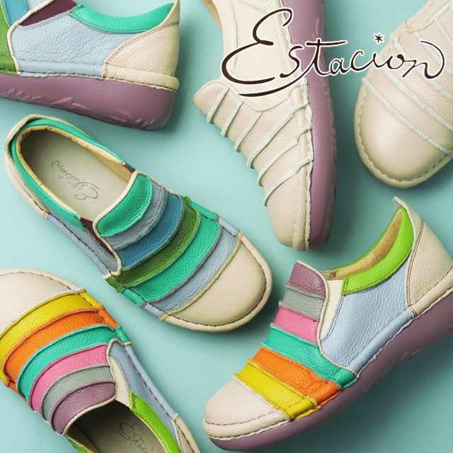 送料無料 スリッポン レディース AW 秋冬 新作 秋新作 冬新作 人気 流行 定番 2025 エスタシオン Estacion MS25 dive コンフォートシューズ 疲れない 本革 靴 歩きやすい ミセス ボーダー アイボリー/マルチ アイボリー/ブルー アイボリー