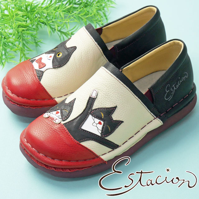 送料無料 スリッポン レディース AW 秋冬 新作 秋新作 冬新作 人気 流行 定番 2025 エスタシオン Estacion TGE630 履きやすい 靴 疲れない レザーシューズ 本革 痛くない猫 ハチワレ ねこ ネコ にゃんこ キャット アイボリーコンビ